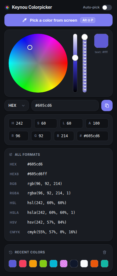 Keynou Colorpicker dark mode popup with color wheel, HEX RGB HSL readouts and recent colors