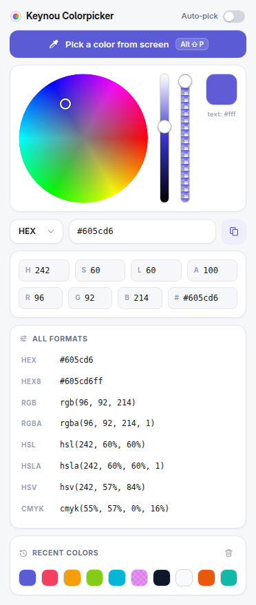 Keynou Colorpicker Chrome extension popup showing the color wheel, HEX RGB HSL values and recent color history